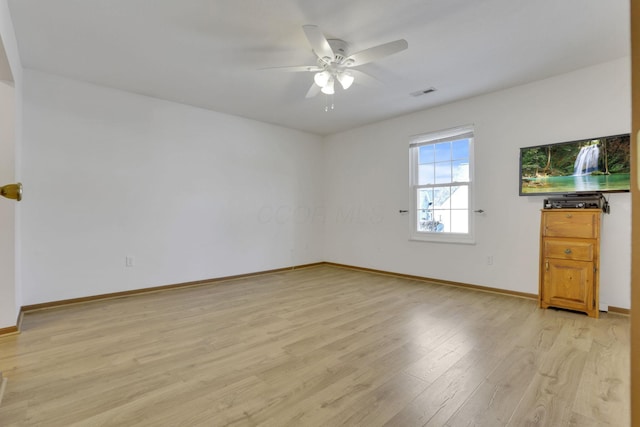 unfurnished room with baseboards, visible vents, ceiling fan, and light wood finished floors