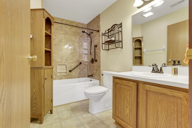 full bath with shower / bath combination, visible vents, toilet, and vanity