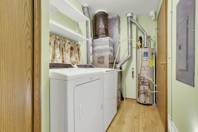 laundry area with gas water heater, light wood-style floors, washing machine and dryer, laundry area, and electric panel