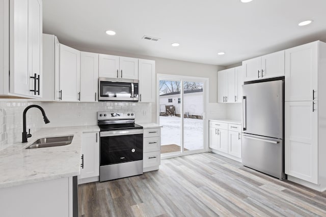 kitchen featuring visible vents, appliances with stainless steel finishes, white cabinets, a sink, and light wood-type flooring