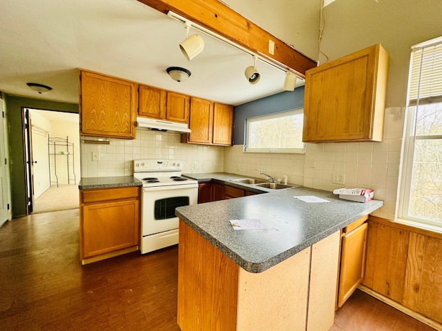 kitchen with under cabinet range hood, a sink, brown cabinetry, dark countertops, and white electric range oven