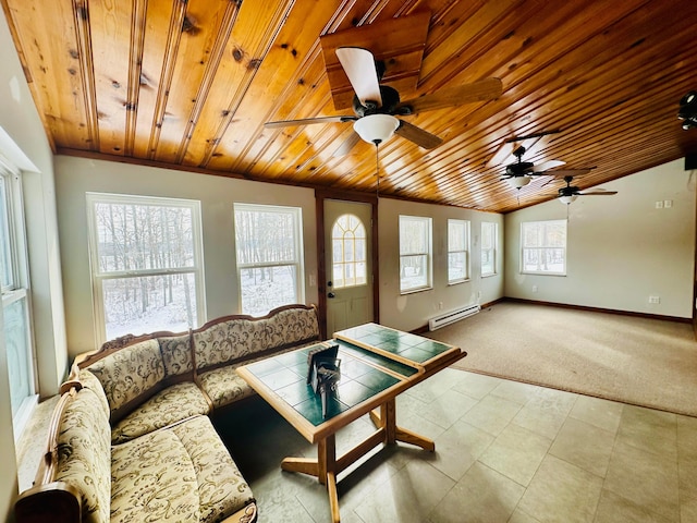 living room featuring baseboard heating, wood ceiling, light carpet, vaulted ceiling, and baseboards