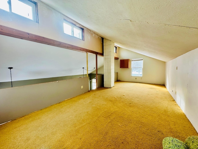 bonus room with light carpet, a textured ceiling, and vaulted ceiling