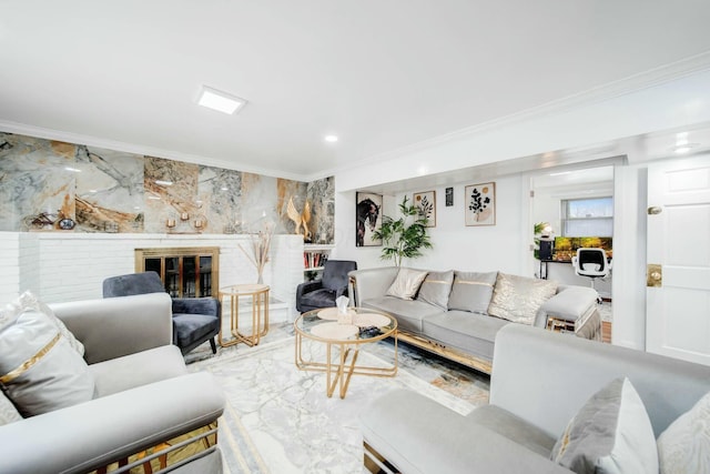 living room with a fireplace, ornamental molding, and recessed lighting