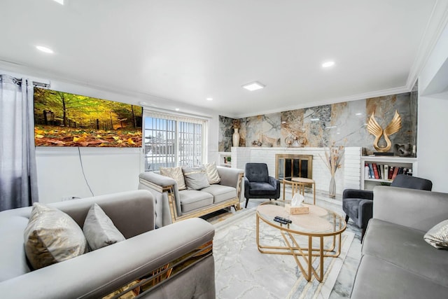 living room featuring recessed lighting, a brick fireplace, and crown molding