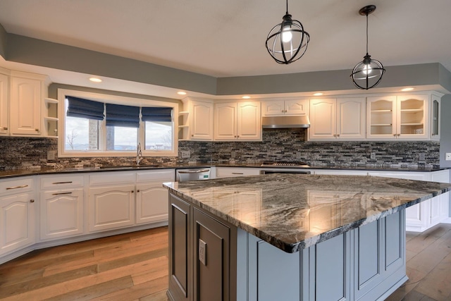 kitchen with open shelves, light wood-style floors, white cabinets, a sink, and under cabinet range hood