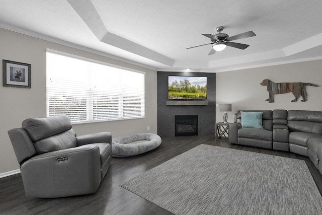 living room with a tray ceiling, dark wood-style flooring, a fireplace, and a ceiling fan