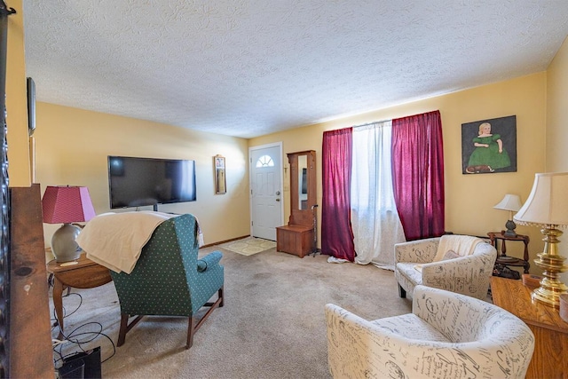 carpeted living room featuring a textured ceiling