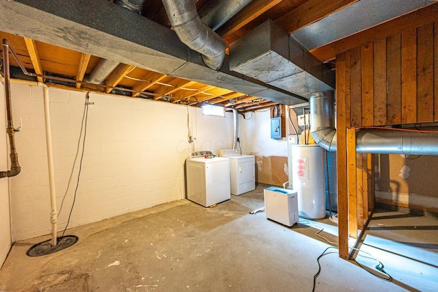 unfinished below grade area featuring electric panel, water heater, and washing machine and clothes dryer