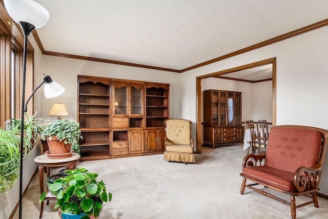 sitting room featuring carpet, a textured ceiling, and crown molding