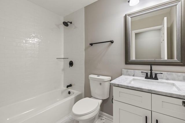 full bathroom with toilet, marble finish floor, shower / washtub combination, and vanity