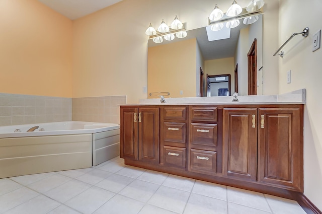 bathroom with double vanity, a garden tub, a sink, and tile patterned floors