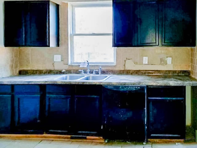 kitchen featuring dishwasher, backsplash, a sink, and dark cabinets