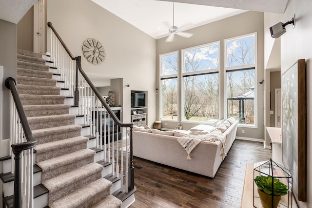 living area featuring dark wood finished floors, a towering ceiling, ornamental molding, baseboards, and stairs