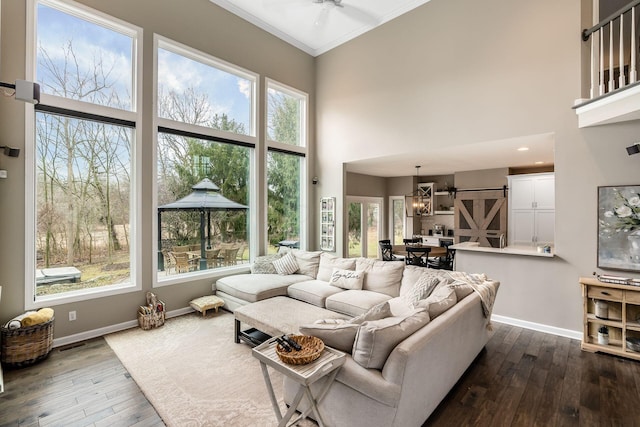 living room featuring dark wood-type flooring, crown molding, a towering ceiling, and baseboards