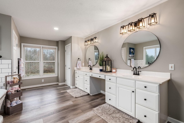 bathroom with double vanity, wood finished floors, a sink, and a wealth of natural light