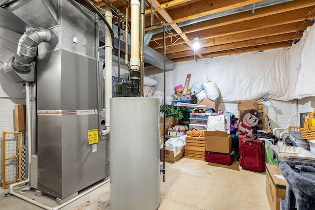 unfinished basement featuring water heater