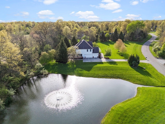 bird's eye view featuring a water view and a forest view