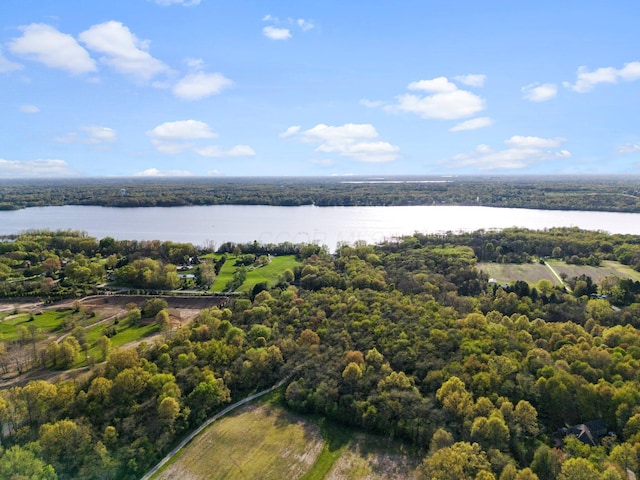 drone / aerial view featuring a water view and a forest view