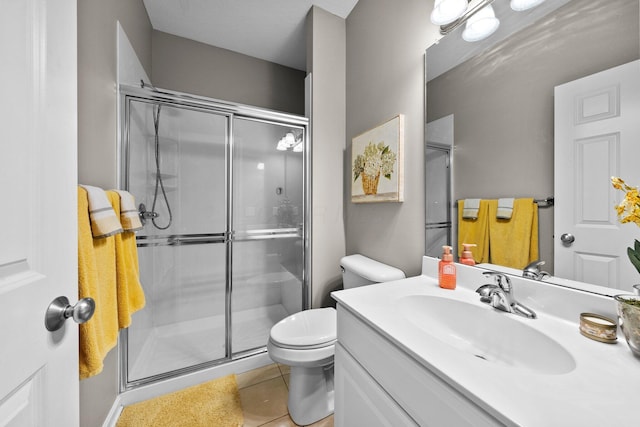 full bath with vanity, tile patterned flooring, a stall shower, and toilet