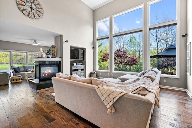 living area featuring a multi sided fireplace, ornamental molding, a wealth of natural light, and dark wood-type flooring