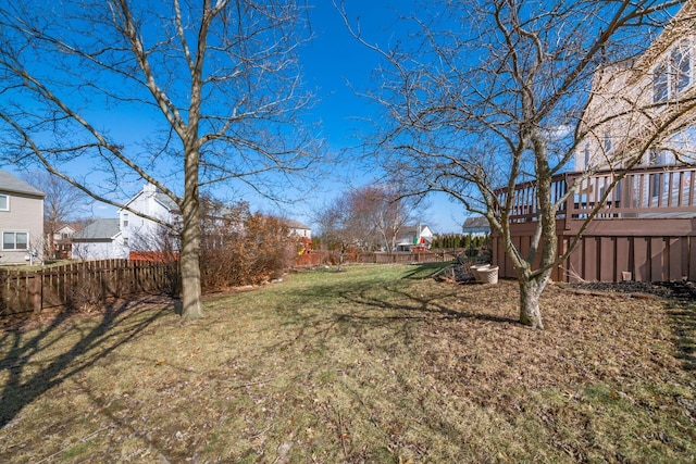 view of yard with a fenced backyard and a deck