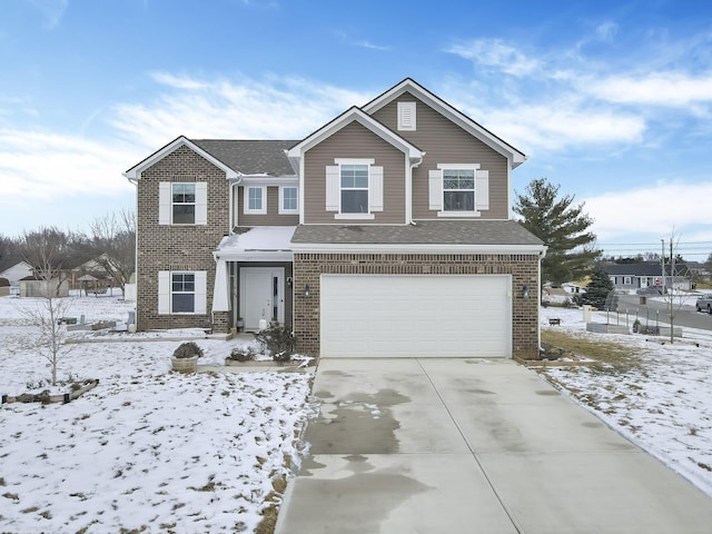 traditional-style home with driveway, brick siding, an attached garage, and a shingled roof