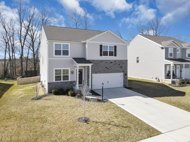 traditional home with a front lawn, fence, a garage, stone siding, and driveway