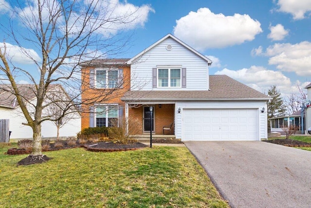 traditional-style house with driveway, an attached garage, a front lawn, and a shingled roof