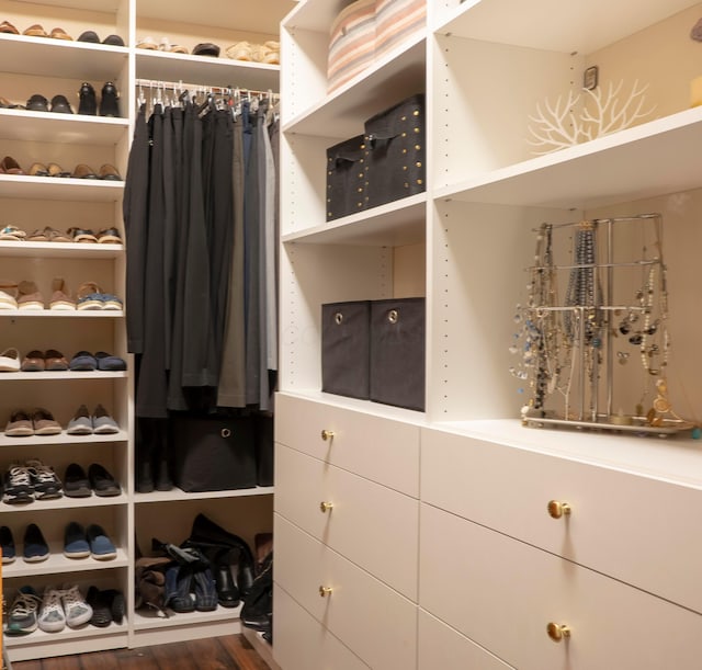 walk in closet with dark wood-style floors