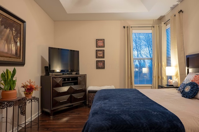 bedroom featuring a raised ceiling and dark wood finished floors