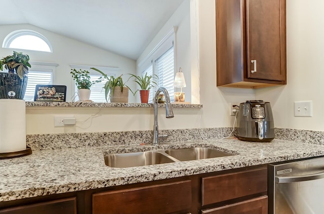 kitchen featuring lofted ceiling, stainless steel dishwasher, a sink, and a wealth of natural light