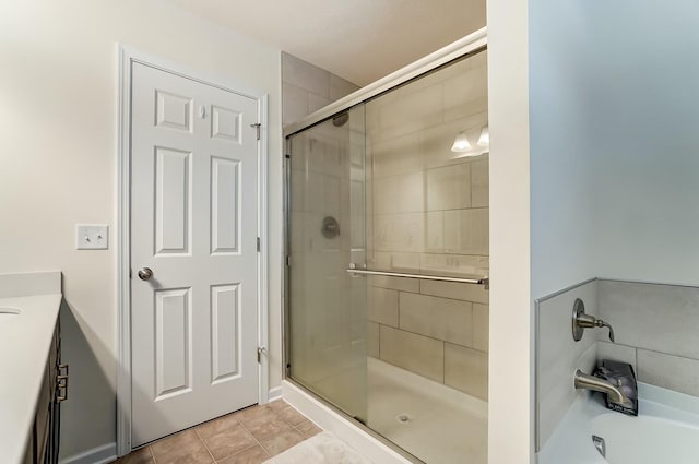 full bath featuring a stall shower, vanity, and tile patterned floors