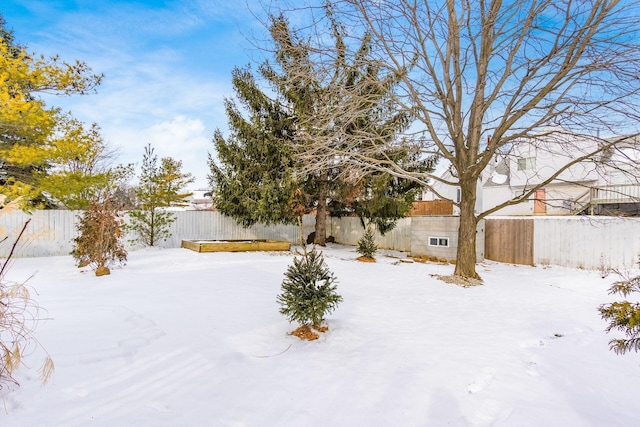 yard covered in snow with a fenced backyard