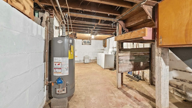 unfinished below grade area with water heater and washing machine and dryer