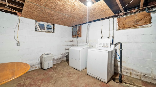 washroom with laundry area, electric panel, and washer and dryer