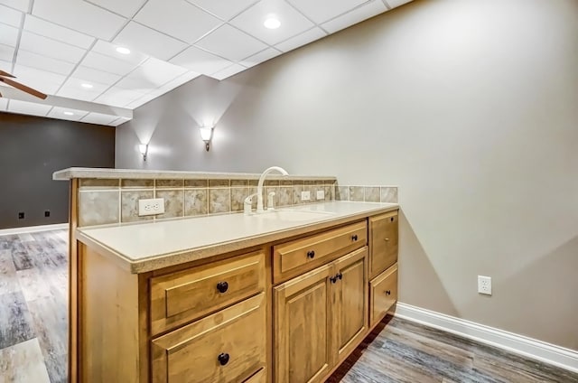 kitchen with a peninsula, dark wood-style flooring, a sink, baseboards, and light countertops