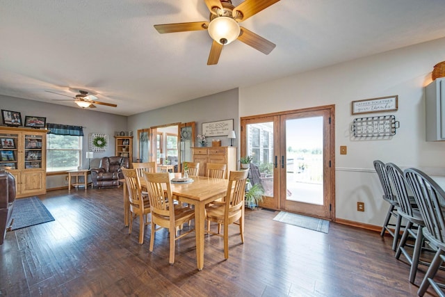 dining area featuring french doors, a healthy amount of sunlight, and dark wood-style flooring