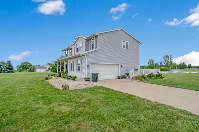 view of side of property featuring concrete driveway, a yard, and an attached garage