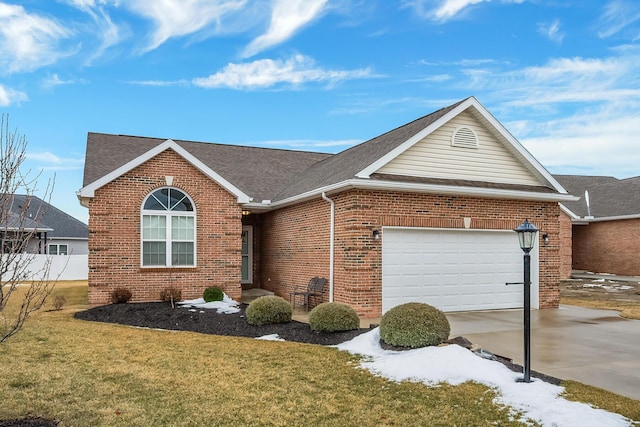 ranch-style house with a garage, brick siding, a shingled roof, driveway, and a front lawn