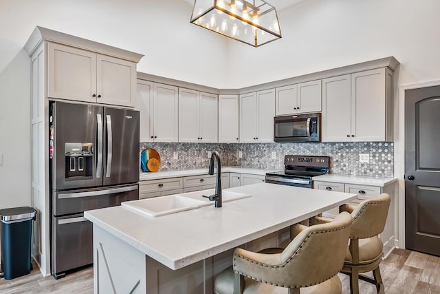 kitchen featuring appliances with stainless steel finishes, light wood-type flooring, tasteful backsplash, an island with sink, and decorative light fixtures