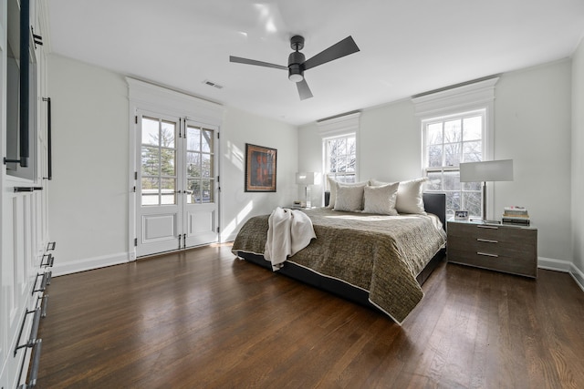 bedroom with dark wood-style floors, french doors, visible vents, access to outside, and baseboards