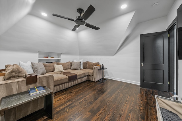 living area featuring lofted ceiling, recessed lighting, a ceiling fan, baseboards, and dark wood finished floors