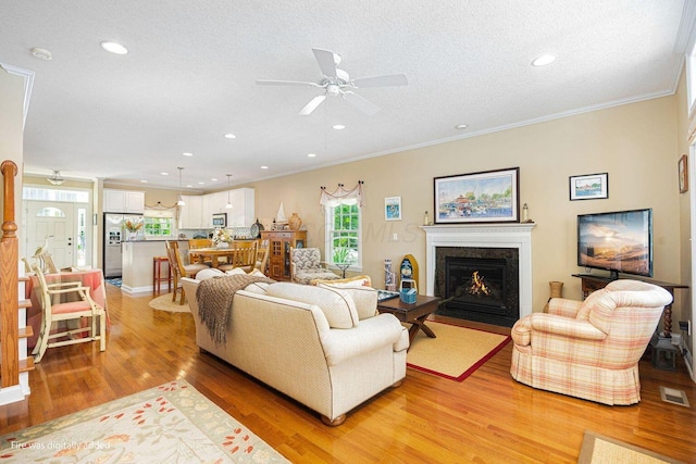 living area featuring light wood finished floors, visible vents, a textured ceiling, and ornamental molding