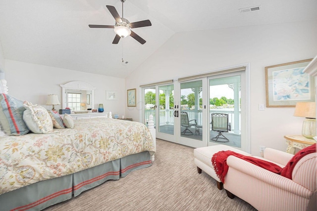 bedroom featuring high vaulted ceiling, carpet flooring, visible vents, access to exterior, and french doors