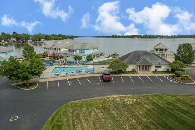 drone / aerial view featuring a water view