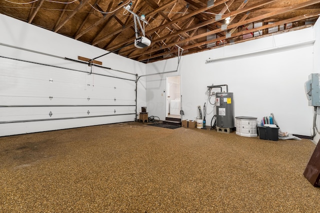 garage with water heater and a garage door opener