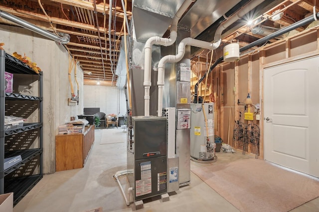 utility room with gas water heater and heating unit