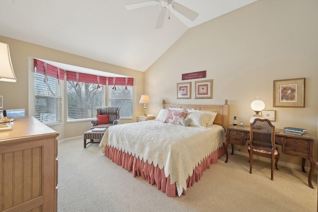 bedroom featuring baseboards, high vaulted ceiling, ceiling fan, and light colored carpet