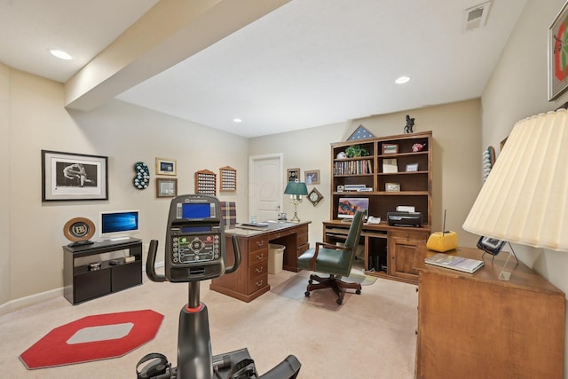 office space featuring recessed lighting and light carpet